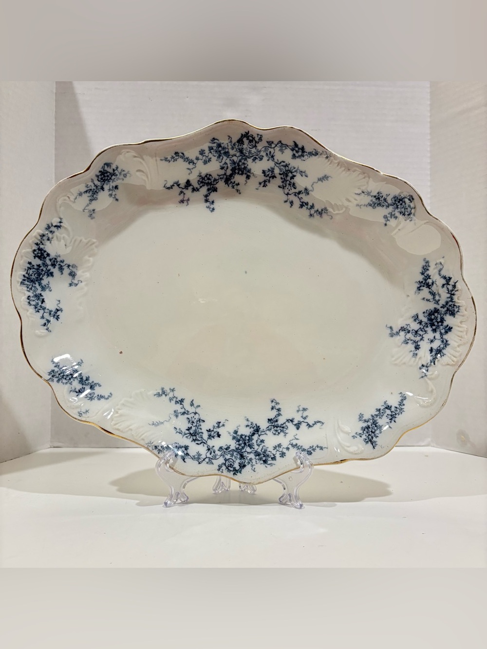 Flow Blue Semi-Porcelain Embossed 16 Inch Platter Bishop & Stonier "Luray"